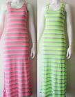 New Womens Neon Green and Gray Stripes Tank Long Maxi Dress Sz S M L 