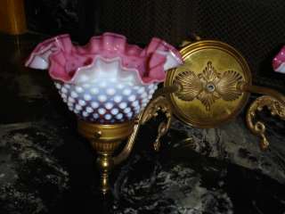 Pair Fenton Brass Cranberry Opalescent hobnail Wall Double Shades 