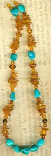 Genuine Mixed Baltic Amber & Turquoise Beads Cognac 14 strand~  