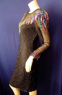 80s Vintage Black Beaded Dress Formal Party Sequins Trophy Glam Silk 