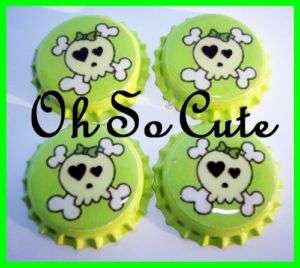 OhSoCute Lime Green Girly Heart SKULL BONES Bottle Caps  