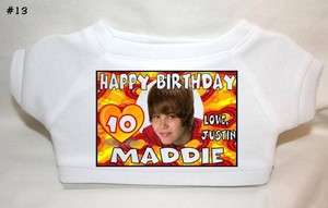 Justin Bieber BIRTHDAY Teddy Bear T Shirt #13 NAME, AGE  