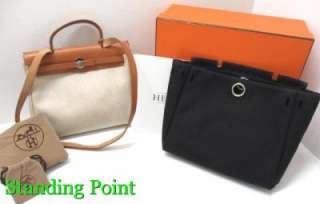 Authentic HERMES Her Bag PM Leather & Canvas 2 IN 1 Hand Bag With 