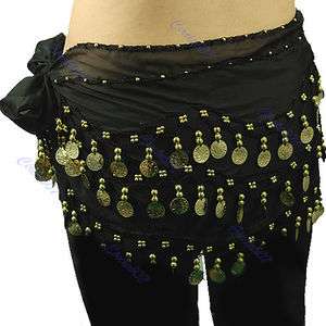 Chiffon 3 Row Belly Dance Hip Scarf Coin Belt Skirts BL  