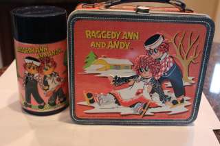 VINTAGE RAGGEDY ANN AND ANDY 1973 METAL LUNCH BOX AND THERMOS  