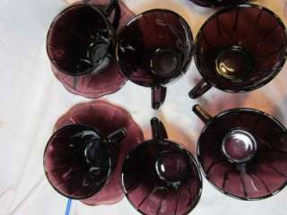   NEWPORT HAIRPIN AMETHYST DEPRESSION GLASS SET 6 TEA CUPS & 2 SAUCERS