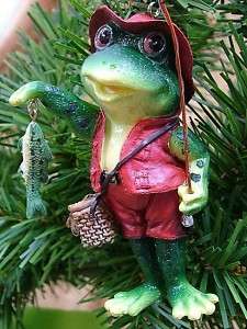 New Fishing Hat Vest Frog with Fish Creel Rod Ornament  