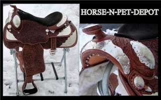 17 MEDIUM OIL LEATHER WESTERN horse SADDLE TRAIL BROWN LOADED SILVER 