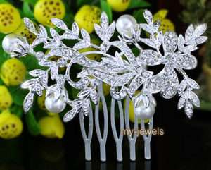 Bridal Wedding Flower Crystal White Faux Pearl Hair Comb T1339  