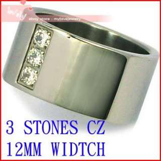 Mens 12mm Stainless Steel 3 Stones CZ Polished Shiny Ring  