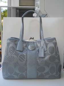 NEW AUTH Coach Grey Signature Stripe Framed Kisslock Carryall Handbag 