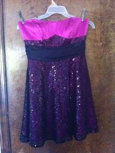 Betsey Johnson Satin Pink/Black Strapless Evening Dress w/blk Sequins 
