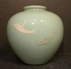 Japanese Celadon Vase with moriage fish by S. Sozan  