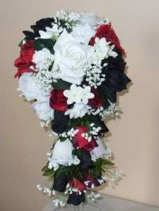 21PC SILK FLOWER WEDDING BRIDE BOUQUETS RED BLACK WHITE  