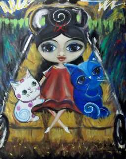   Blue Cat Girl Whimsical Original Painting Hay Ride Fall_LORALAI  