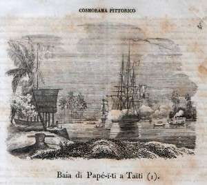 Stampa antica Baia di PAPEETE Tahiti POLINESIA 1843 Old Print  