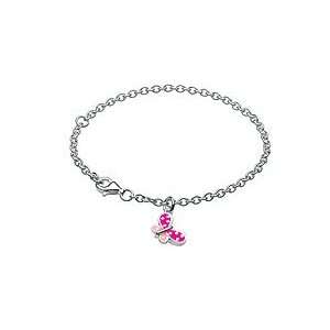   Girls Sterling Silver Pink Enameled Butterfly Charm Bracelet Jewelry