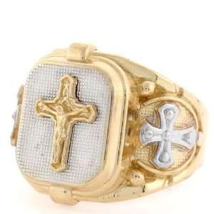  10k Two tone Gold Religious Cross Jesus Fancy Mens Ring Jewelry