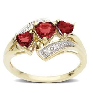   Yellow Gold Created Heart Shaped 3 Stone Ruby Ring, Size 5 Jewelry