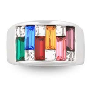   Silver Tone Multi Color Crystal Cocktail Ring with Gift Box Jewelry