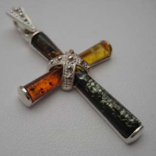 Multicolor Amber Silver Jewelry Pendant Orthodox Cross  