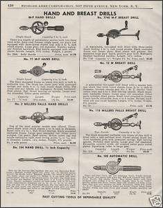 1949 HAND~BREAST DRILLS Antique Tool AD~Millers Forge  