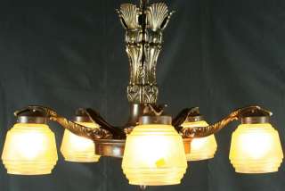 VINTAGE FRENCH ART DECO 5 ARM CHANDELIER GREEN GLASS  