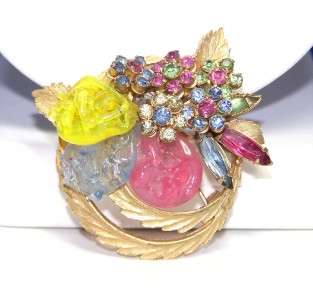 Vtg VENDOME Pastel Art Glass/RS Flower Brooch MUST SEE  