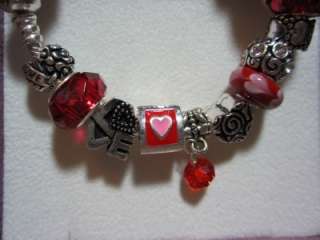 Authentic Pandora Bracelet w 19 beads and charms Sweet Valentine red 