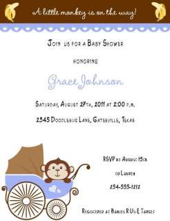 24 Baby Monkey in Carriage Baby Shower Invitations  