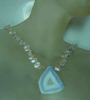 RARE BLUE CHALCEDONY & WHITE KEISHI PEARL NECKLACE 14K  