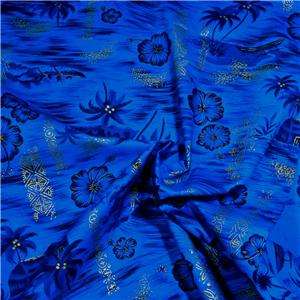   Hawaiian Cotton Fabric Bright Blue, Metallic Gold Etchings, 36 W, BTY