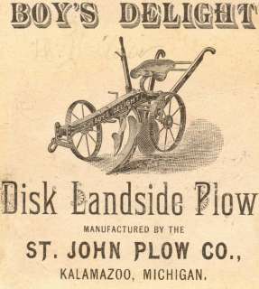 St. John Plow Co. Kalamazoo Boys Delight ad Trade Card  