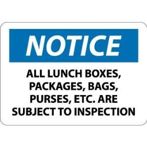 Notice, All Lunch Boxes Packages Bags Purses, 10X14, Rigid Plastic 