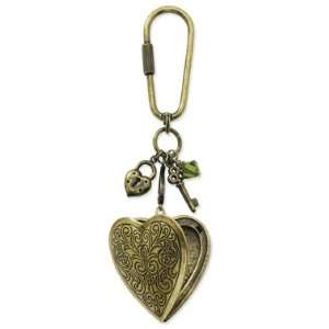  Brass tone Heart Locket and Olivine Crystal Key Fob 