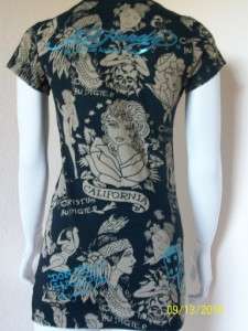 Ed Hardy Christian Women Tight Tshirt V Neck BLK  Small  