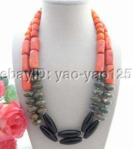 Charming 2Strds Coral&Ryolite&Onyx Necklace  
