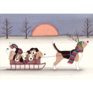 Christmas cards Sled ride with beagle family / Lynch folk art  