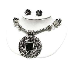   Stud Metal Filigree Shield Chunky Necklace Earring Set Jewelry