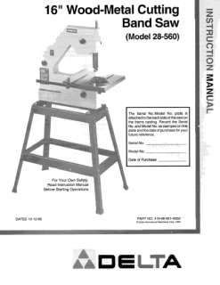 Delta 16 Band Saw Instruction Manual Model 28 560  