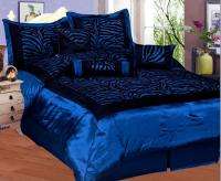 New Zebra Faux Silk Flock Satin Comforter Set Navy Blue  