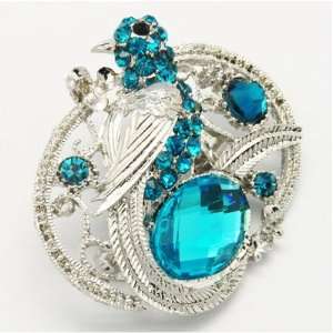  1X Designer Alloy Peacock Brooch, with Teal Rhinestone 