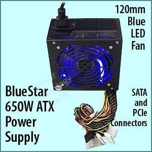   650W Watt ATX Power Supply SATA PCIe 120mm Fan Blue LED Black Case