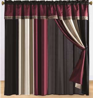 4pcs Faux Silk Burgundy, Beige, Black Window Curtain / Drape Set 