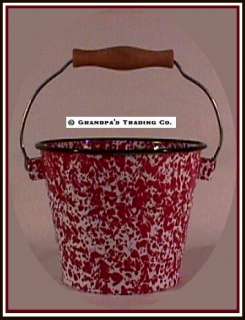 RED & WHITE Enamelware Pail Bucket NEW w Wood Handle  