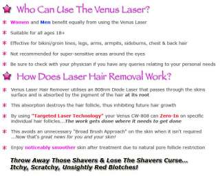 VENUS Home Laser Hair Remover CW 808 New + FREE Gel + Bonus BNIB 