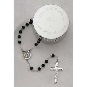   Rosary Box with Engraved Cross and Black Rosary Gift Set Jewelry