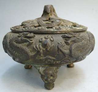 Old Chinese Bronze Five Dragon Incense Burner Censer  