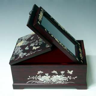   Pearl Inlay Brown Wood Keepsake Jewelry Mirrored Drawer Chest Box Case