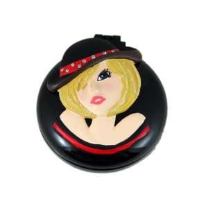   Red Compact Mirror and Hairbrush Blonde Girl with Pretty Hat Beauty